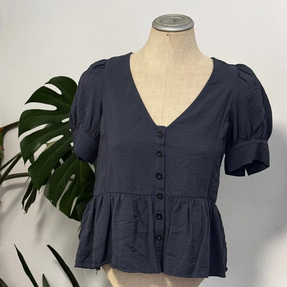 Madewell Peplum‎ Top Women XXS Navy Blue Button Front Puff Sleeve V-Neck Blouse